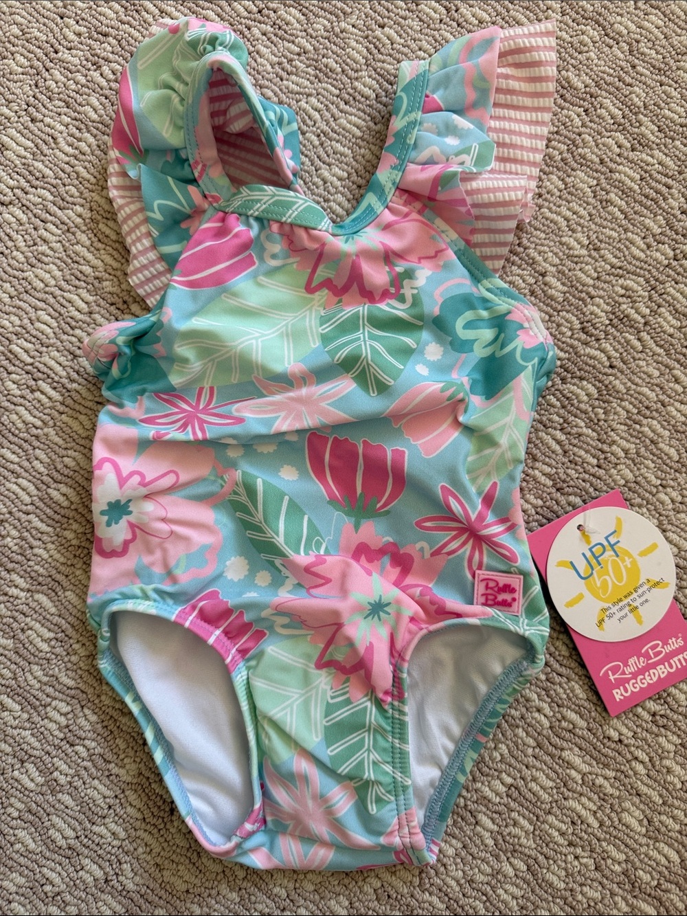NWT RuffleButts (12-18 mo) Seersucker Pink & Aqua Floral Ruffle-Strap Swimsuit
